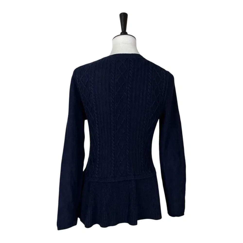 Talbots Sweater Cable Knit Crew Neck Peplum Navy Blue Women’s Size Medium